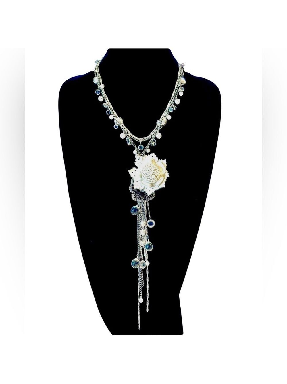EXPRESS White leather flower & crystal lariat necklace NWT​